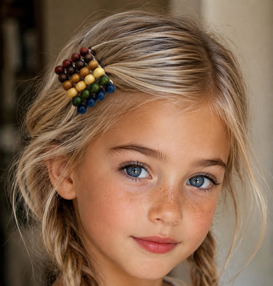 Girl wearing a wide rainbow beaded clip